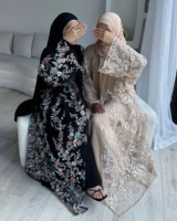 Abaya de luxe sur mesure en deux pièces 2025, vente en gros, dentelle, fleurs, perles, modeste, Eid, Ramadan