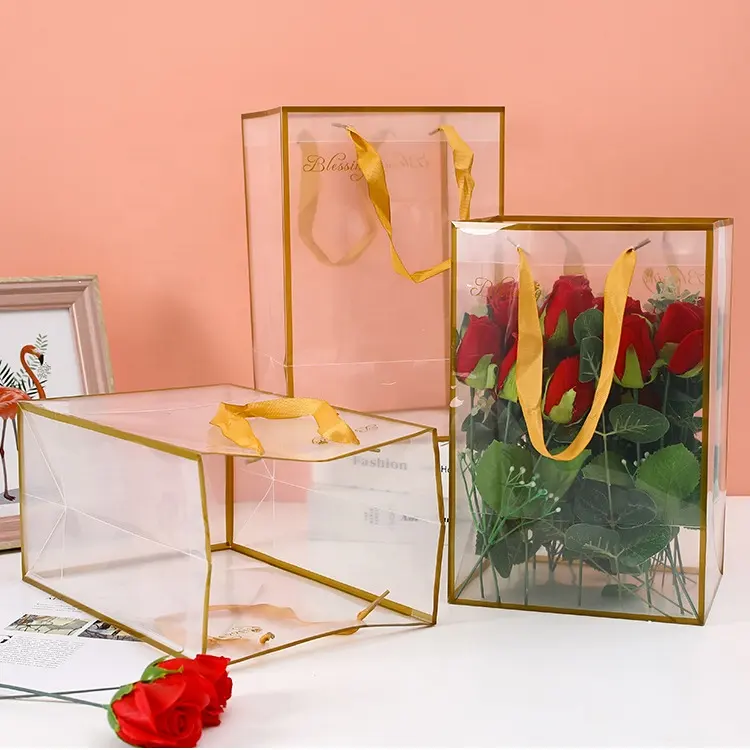 Tas Tangan Tahan Air PVC Plastik Transparan Tepi Emas untuk Kemasan Bunga Hadiah