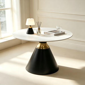 Table d'appoint ronde de luxe, plateau en pierre frittée blanche, base conique noire, table de salon, table d'appoint d'hôtel - Product Image 6