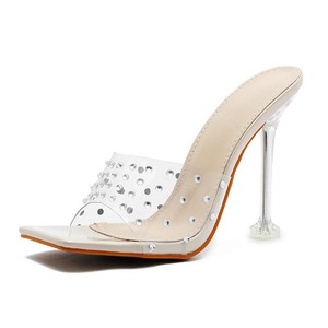 Sandales à talons hauts pour femme, transparentes en PVC, ornées de strass, à bout ouvert, style mule, talon aiguille en acrylique - Product Image 1