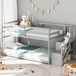 Cama Alta de Madera Maciza <span class=keywords><strong>con</strong></span> Escalera de Almacenamiento Doble, Barandillas de Seguridad, Barra para Colgar, Modelo de <span class=keywords><strong>Piso</strong></span> para Niños y Niñas, Color Gris - Product Image 1