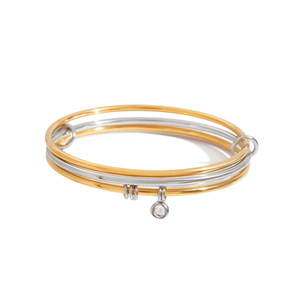Two Tone Gold <b>Silver</b> Bangle With Zircon <b>Charm</b> Size 60 Unisex Jewelry Gift <b>Bracelet</b> - Product Image 1