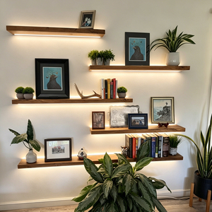 Black <strong>Walnut</strong> Wood <strong>Floating</strong> <strong>Shelves</strong> with Indirect Ambient Mood Lighting for Living Room Sofa Wall Art Collectibles Display - Product Image 1
