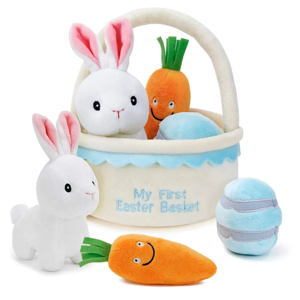 Conjuntos de regalos de conejo de Pascua al por mayor de fábrica, juguetes de peluche de conejito bonito con zanahorias rellenas, huevos en cesta, estilo personalizado con logotipo