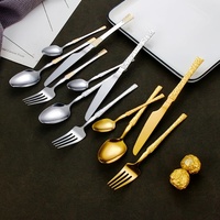 Vente flash Ensemble de couverts en acier inoxydable martelé doré Couteau Fourchette Cuillère Argenté Vaisselle dorée pour mariage