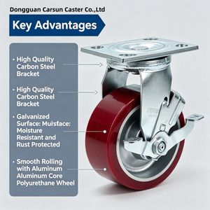 Roulettes pivotantes robustes en acier avec roue pleine, noyau en aluminium, roulettes en polyuréthane, bande de roulement rouge, fonctionnement silencieux, freins à pédale latéraux, roulement à billes - Product Image 2