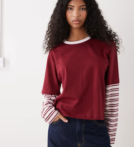 <span class=keywords><strong>Camiseta</strong></span> de Contraste para Mujer High Street Girls, Bloques de Color, 100% Algodón, <span class=keywords><strong>Camiseta</strong></span> de Doble Capa de <span class=keywords><strong>Manga</strong></span> <span class=keywords><strong>Larga</strong></span> con <span class=keywords><strong>Rayas</strong></span> Rosas - Product Image 1