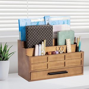 Wooden Desktop <b>Storage</b> <b>Box</b> With <b>Drawers</b> Compartmentalized Organizer For Stationery And Sundries Rectangle Shape - Product Image 1