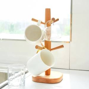 13Cm Light Beige Space-Saving Kitchen Storage Solid Wood <b>Cup</b> Rack With 6 Hooks - Product Image 6