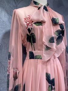 Noeud papillon élégant robe longue 2025 été bohème plage dame doux fleuri vert feuilles imprimer à manches longues rose <span class=keywords><strong>Maxi</strong></span> robe grande taille - Product Image 4