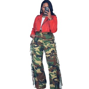 Pantalon cargo décontracté à franges latérales pour <span class=keywords><strong>femme</strong></span>, <span class=keywords><strong>coupe</strong></span> droite, style moto, jambe large, motif camouflage, en jean - Product Image 6