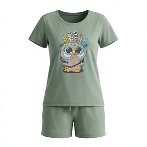 Conjunto de 2 Piezas para Mujer, Camiseta de Manga Corta con Estampado de Búho de Dibujos Animados y Pantalones Cortos, Cuello Redondo, Casual, Primavera Verano, Transpirable, 100% Algodón, Hasta la Rodilla - Product Image 1