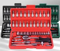 Juego de Herramientas Mecánicas Profesional de 46 Piezas, con Llave de Trinquete de 3/8'', Vasos Métricos, Puntas Torx/Hexagonales, Extensiones y Caja de Herramientas Manual