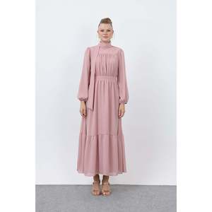 Robe midi élégante Puane pour femme, col montant drapé, manches longues, douce, respirante, rose poudré, jupe volumineuse pour occasions spéciales - Product Image 2