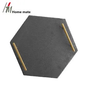 Custom Slate Rustic Gift Wedding Hexagon slate Cheese Serving Tray with golden metal handles