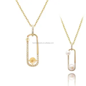 14K Real Gold Pearl Semi Mount Necklace Natural Diamond Pendant Link chain Necklace Pearl Mountings