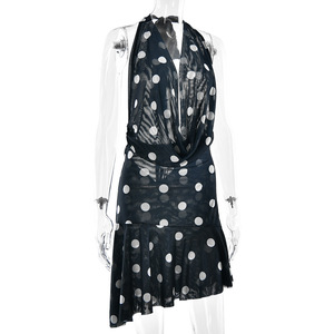 Robes d'été moulantes mini pour femmes, best-seller, à bretelles, imprimé pois numérique, lavables, sexy, en maille, dos nu en V profond - Product Image 4