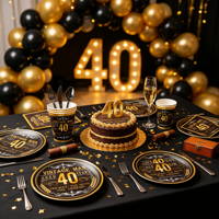 Vaisselle de fête pour le 40e anniversaire, toute neuve, décoration de fête noire et dorée, assiettes en papier jetables, gobelets, serviettes en papier