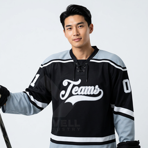 Jersey de Hockey sobre Hielo Personalizado para Hombre, Sublimado, Cuello en V, Absorbente de Humedad, 280g, Poliéster, Manga Tres Cuartos, Corte Regular para Adulto, 3D - Product Image 1