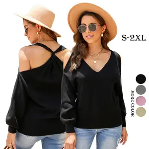 2022 Spring Ladies Long Sleeve Knitted Twisted Back Cold Shoulder Sweaters Women Tops