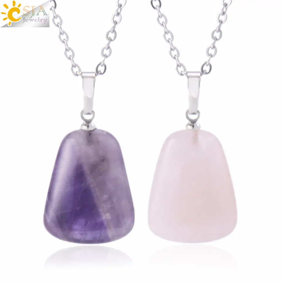 CSJA Natural Stone Amethyst Geometric Pendant Necklace Stainless Steel Chain Pink Crystal Pendants for Making Jewelry H228
