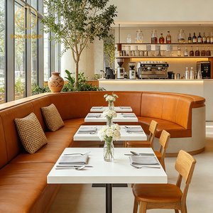Banquette en cuir courbée orange de style nordique <span class=keywords><strong>moderne</strong></span>, table carrée en pierre frittée avec chaise en bois, mobilier de café et de restaurant - Product Image 6