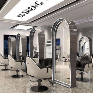 Luxury Barber Salon Glass Mirror Stand Modern Simple LED Lighted Salon Hair Cutting Mirror for Bedroom & <b>Outdoor</b> Use - Product Image 3