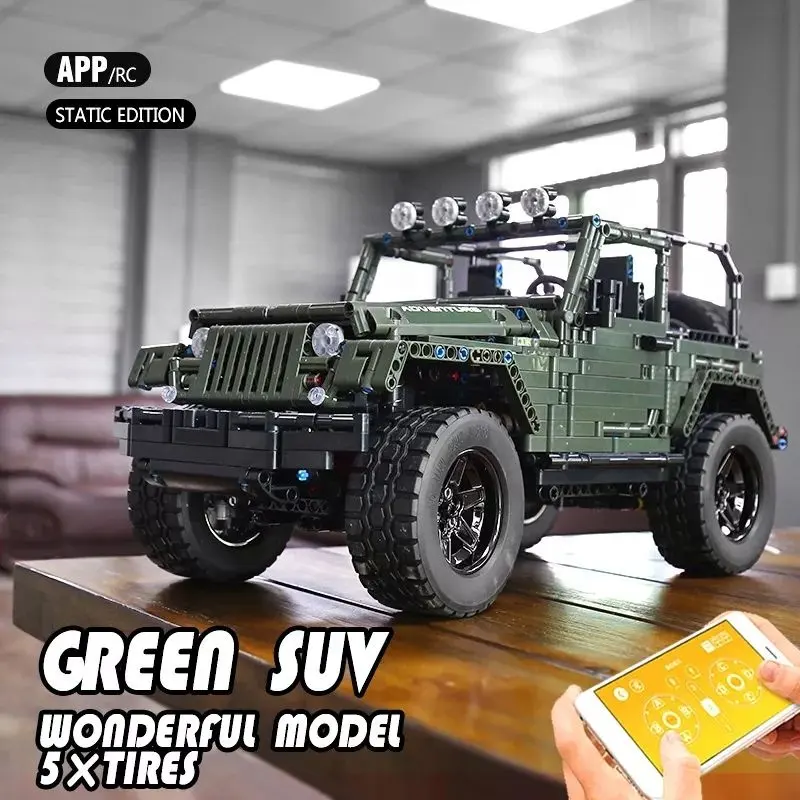 MOULD KING 13124 RC Jeeps Wrangler Adventure Off-Road SUV Off Road Car Model Army Green Vehicle Rubicon RC Building Blocks