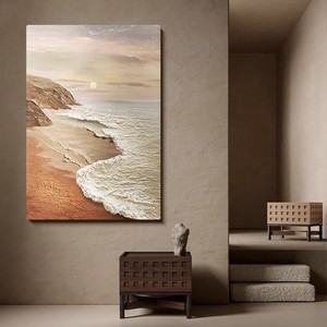Peinture à l'huile peinte à la main, paysage marin, lever de soleil sur la mer, art mural vertical pour salon, décoration d'entrée, effet 3D sans cadre - Product Image 2