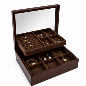 Premium Custom Square Wooden Jewelry Box Mirror Velvet Lining Large Multifunctional Storage Case-EleQueen EQ3086 for Valentine's - Product Image 1