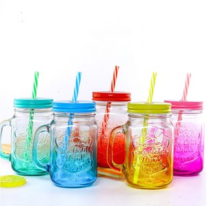 Bán buôn vuông 16 oz đồ uống lạnh sử dụng số lượng lớn cốc thủy tinh màu nước trái cây <span class=keywords><strong>Mason</strong></span> Jar uống cup với xử lý và rơm - Product Image 6