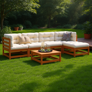 Set Divano da Esterno in Teak Marrone e Crema, 6 Posti, Design Contemporaneo, Resistente alle Intemperie - Product Image 2