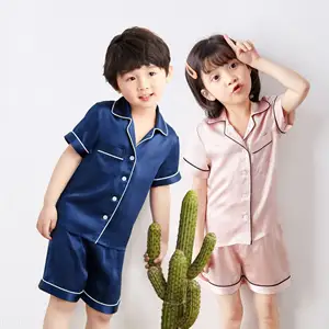 Conjunto de pijama infantil de cetim, pijamas de seda com manga curta personalizada, roupas de dormir, 100% natural, seda real, para crianças