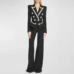 A8431 neueste Design Damen anzüge Mode Slim Fit Kristall Schnalle Blazer und breite Hose Anzug Frauen Büro Set