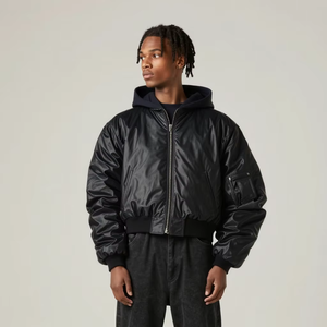 جاكيت طيار MA1 من الجلد بطبقة مزدوجة وقلنسوة مزيفة، سترة شتوية منفوخة من الجلد للرجال بالجملة - Product Image 1