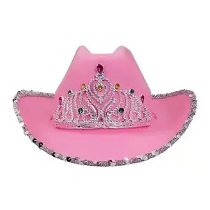 Women Pink Cowboy Hat Novelty Funny Party Rave Hats Costume Accessories Prop Light-Up Blinking Crown Hat
