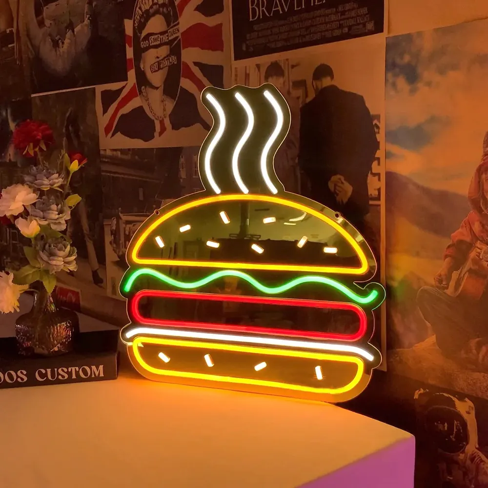 रचनात्मक दुकान 12 वी वाटरप्रूफ रेस्तरां हल्के गर्म कुत्ते हैमबर्गर पिज्जा जानवर के आकार संकेत के नेतृत्व वाले फ्लेक्स कस्टम नीयन संकेत