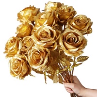 Roses artificielles à longues tiges plaquées or, en soie réaliste, bouquet doré pour la décoration intérieure, les mariages, les fêtes, la photographie en extérieur