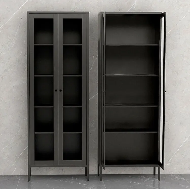 スチールガラスドアキャビネットヨーロピアンスタイルホームオフィス家具メタルデザイン収納食器棚