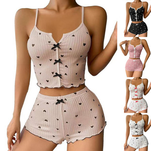 Sexy Heart Print <b>Pajama</b> <b>Set</b> for Women Sleepwear Stain V-Neck Sleeveless Casual Cami Top and Shorts <b>Sets</b> Loungewear - Product Image 4