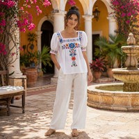 Chemisier en lin brodé mexicain avec logo personnalisé pour femme, vente en gros, marque privée, haut artisanal de Mérida, chemise d'été OEM à manches bouffantes