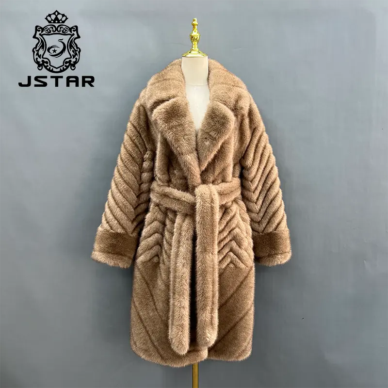 Jstar inverno caldo e spesso soffice collo della tuta di media lunghezza in rilievo modello look quotidiano cintura artificiale finta pelliccia di visone cappotto da donna