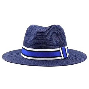 Unisex Panama <b>Hat</b> White <b>Straw</b> Fedora With Blue Striped Band Beach Summer Accessory - Product Image 4