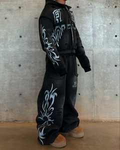 Custom Lavado Suor Suit Zipper Hoodies Tricô Set Imprimir Acid Wash Distress Flared Sweatpants e Hoodie Set - Product Image 4