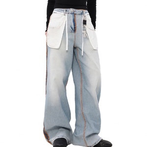 Jeans unisexe coupe droite style streetwear, design inversé, vintage, délavage bleu clair, 100% coton, coupe ample pour homme - Product Image 1