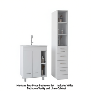 Ensemble de salle de bain Montana, meuble-lavabo et armoire à linge blancs, rectangulaires, minimalistes, en bois, faciles à nettoyer - Product Image 1