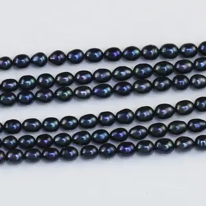 7-8mm AA- dyed peacock rice oval wholesale loose fresh water pearls strings freshwater cultured pear string black