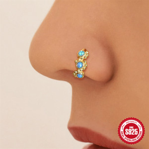 Orecchini a bottone 18K in oro placcato <span class=keywords><strong>925</strong></span> in <span class=keywords><strong>argento</strong></span> Sterling <span class=keywords><strong>Piercing</strong></span> al <span class=keywords><strong>naso</strong></span> con pietra opale bianca blu opale semplice orecchino a cerchio Clicker - Product Image 3