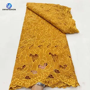 2024 New Arrival Nigerian Guipure Cord Lace Fabrics Laser Chiffon With Beaded Lace Fabrics For Birthday Party