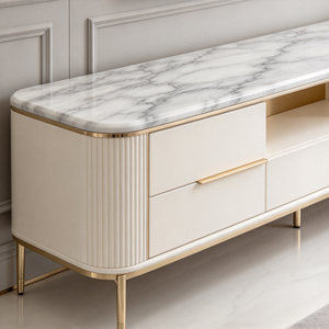 Meuble TV moderne aspect marbre, console multimédia en bois grainé crème avec pieds en métal doré pour salon - Product Image 4
